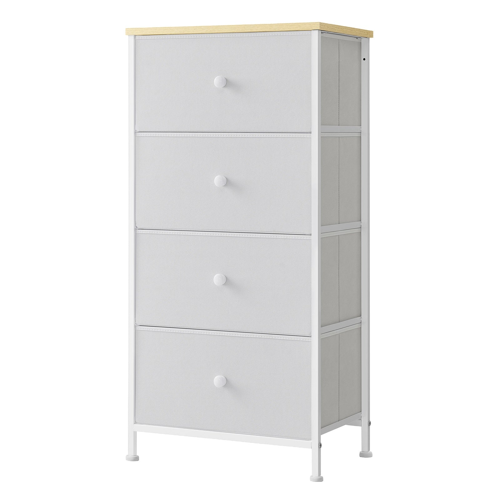 JOYFURNOS Commode en tissu pour chambre, avec 4 tiroirs, cadre en métal, blanc