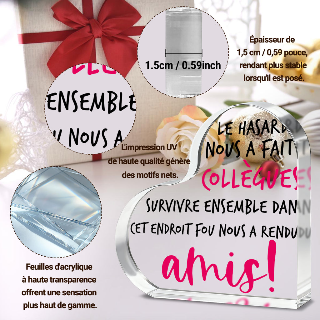 Alphynix 1 pièce Cœur collègue en français, « Le hasard nous a fait collègues ! Survivre ensemble dans cet endroit fou nous a rendus amis ! » Plaque en acrylique avec texte à accents