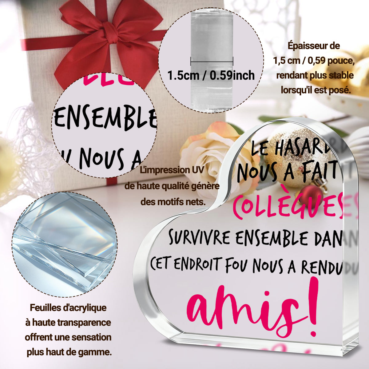 Alphynix 1 pièce Cœur collègue en français, « Le hasard nous a fait collègues ! Survivre ensemble dans cet endroit fou nous a rendus amis ! » Plaque en acrylique avec texte à accents