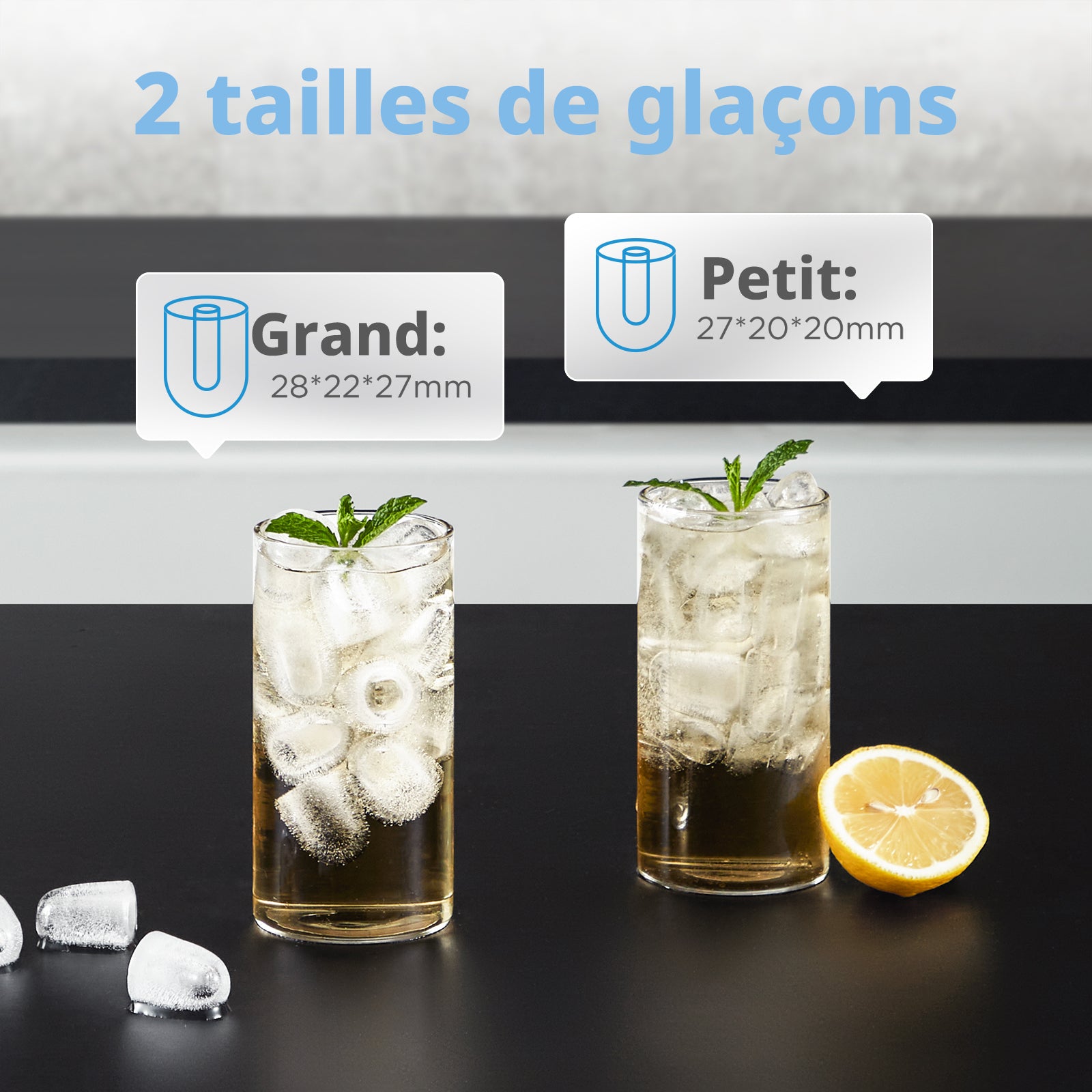 Comfee' RCI12BL1EU(E) Machine à glaçons, 8 glaçons en 6 min, 12 kg/24 h, réservoir d'eau 1,3 L, fonction autonettoyante, machine compacte à glaçons cylindriques