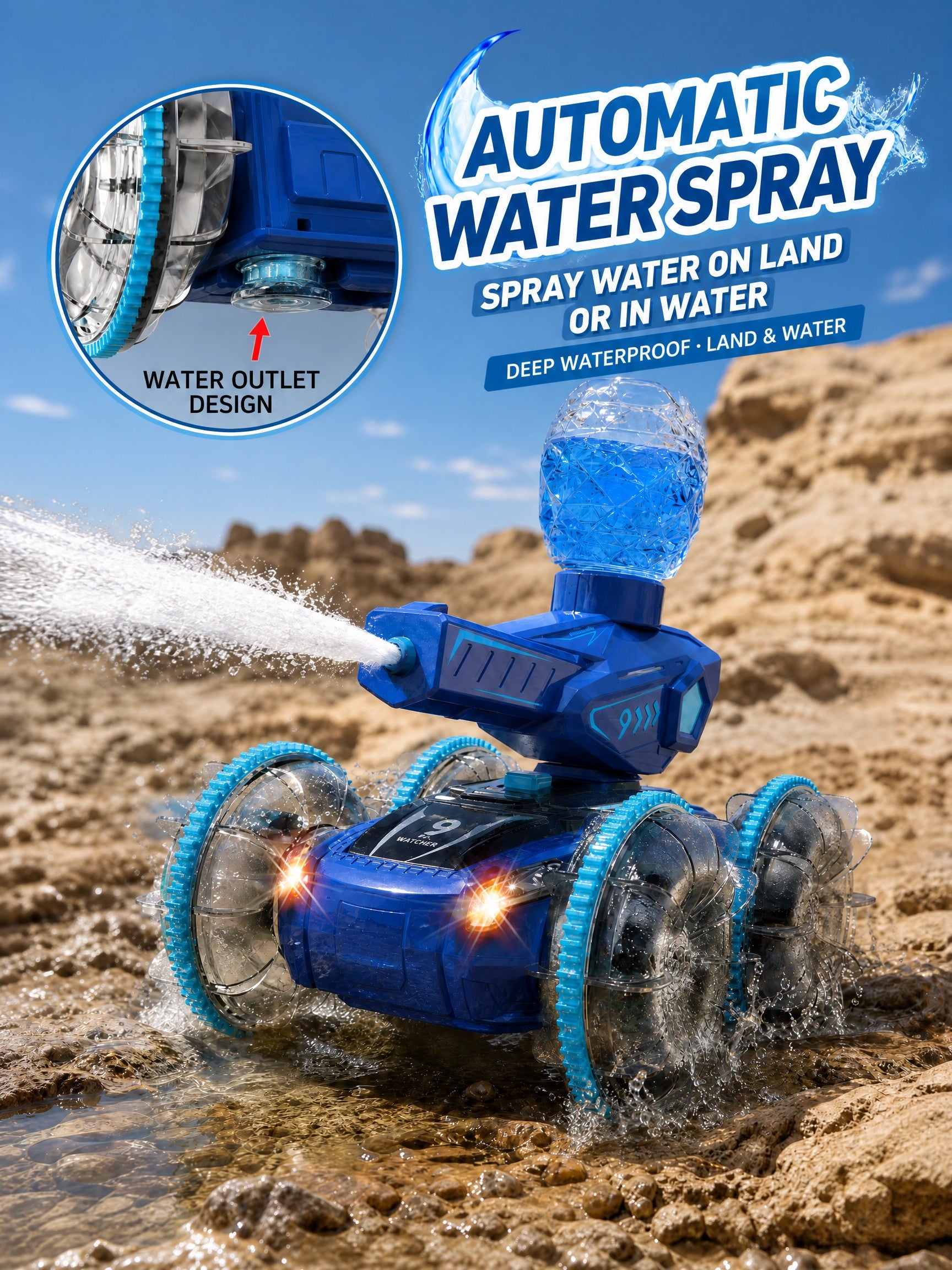 Char RC amphibie 4x4 gestuel double commande, étanche terre/eau avec jet d’eau & LED clignotantes, rotation 360° tout-terrain, jouet enfants 3+, Une Pièce en Bleu
