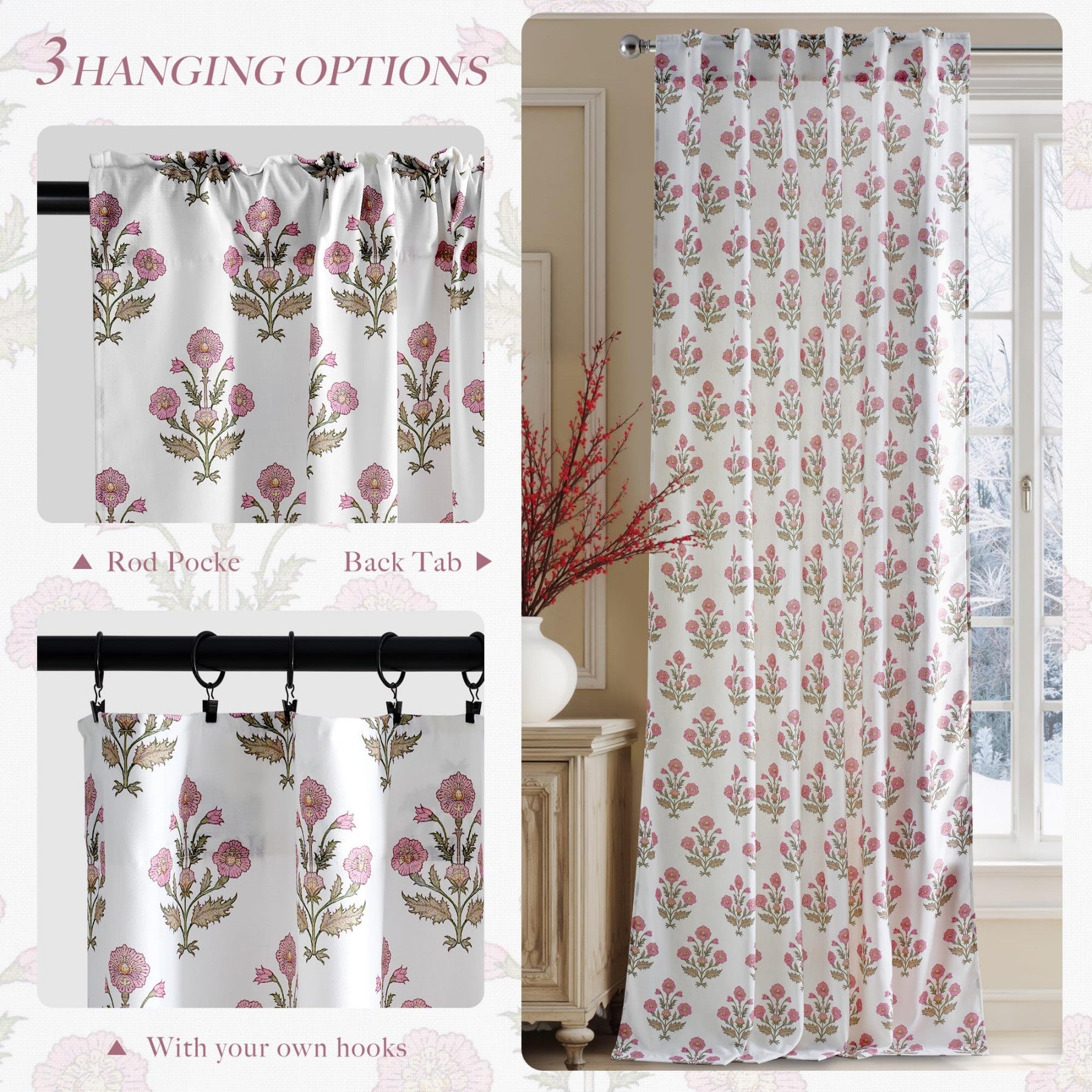 PONY DANCE Rideaux en Lin Floral Imprimé Motif Rose pour Chambre de Fille Chambre Bébé, Bohème Style Maison de Campagne Rideaux de Fenêtre Transparents Aesthétique Filtrant la Lumière