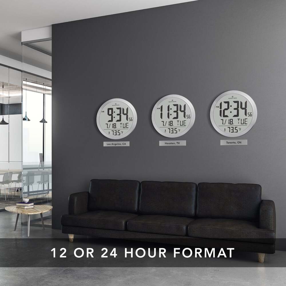 Marathon Miami-Horloge Murale numérique Ronde silencieuse-Thermomètre intégrée-Fixation Murale ou Support Bureau-Grand Affichage-Affichage du Calendrier- Grands Chiffres-Noir-Piles incluses
