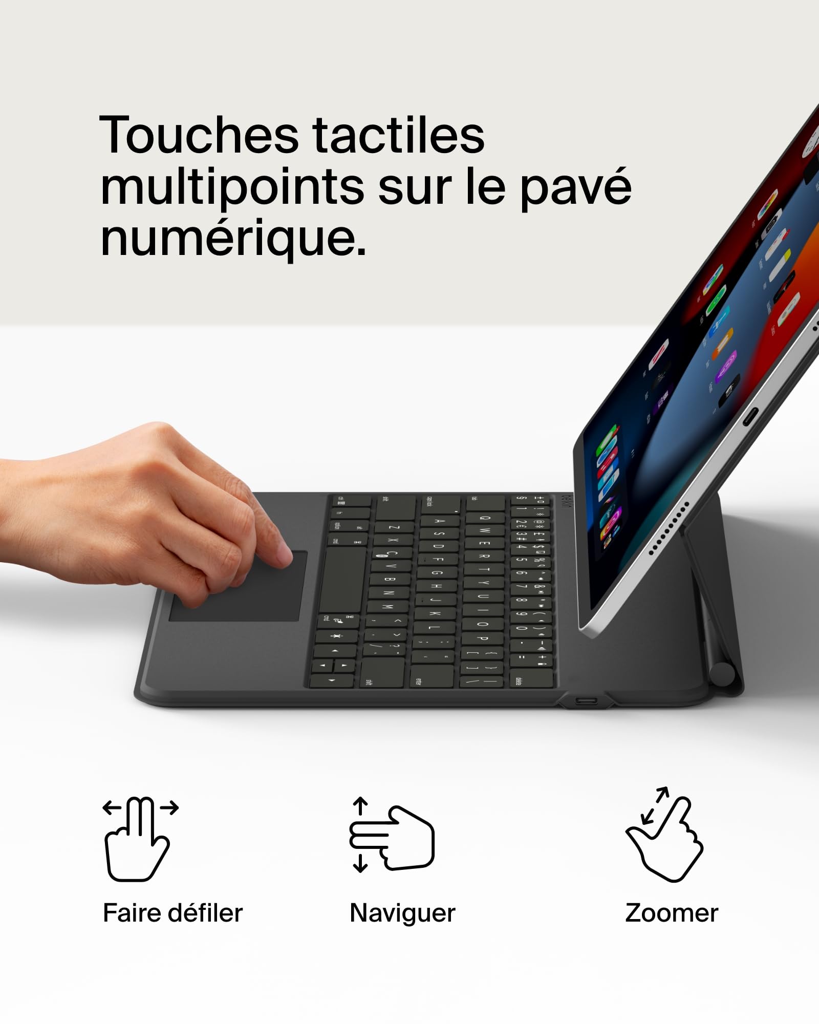 Belkin Pro Étui clavier pour iPad avec support magnétique, rétroéclairé, touches tactiles multipoints, compartiment pour Apple Pencil, clavier sans fil AZERTY pour iPad M4 Pro 13"