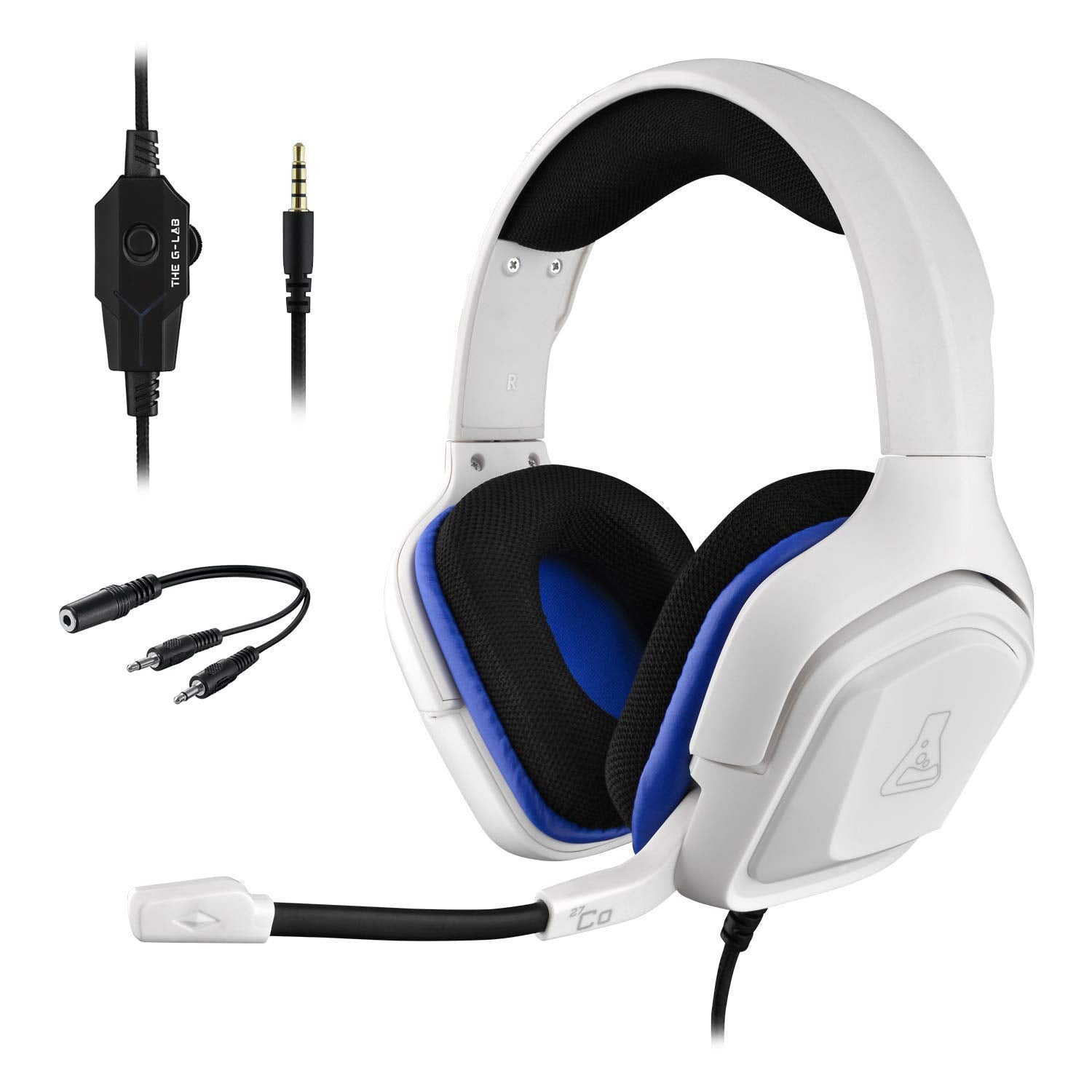THE G-LAB Korp Cobalt Casque Gaming Filaire (Prise 3.5mm) - Micro Intégré - PC, PS4, PS5, Xbox One, Mac, Switch & Plus - Blanc