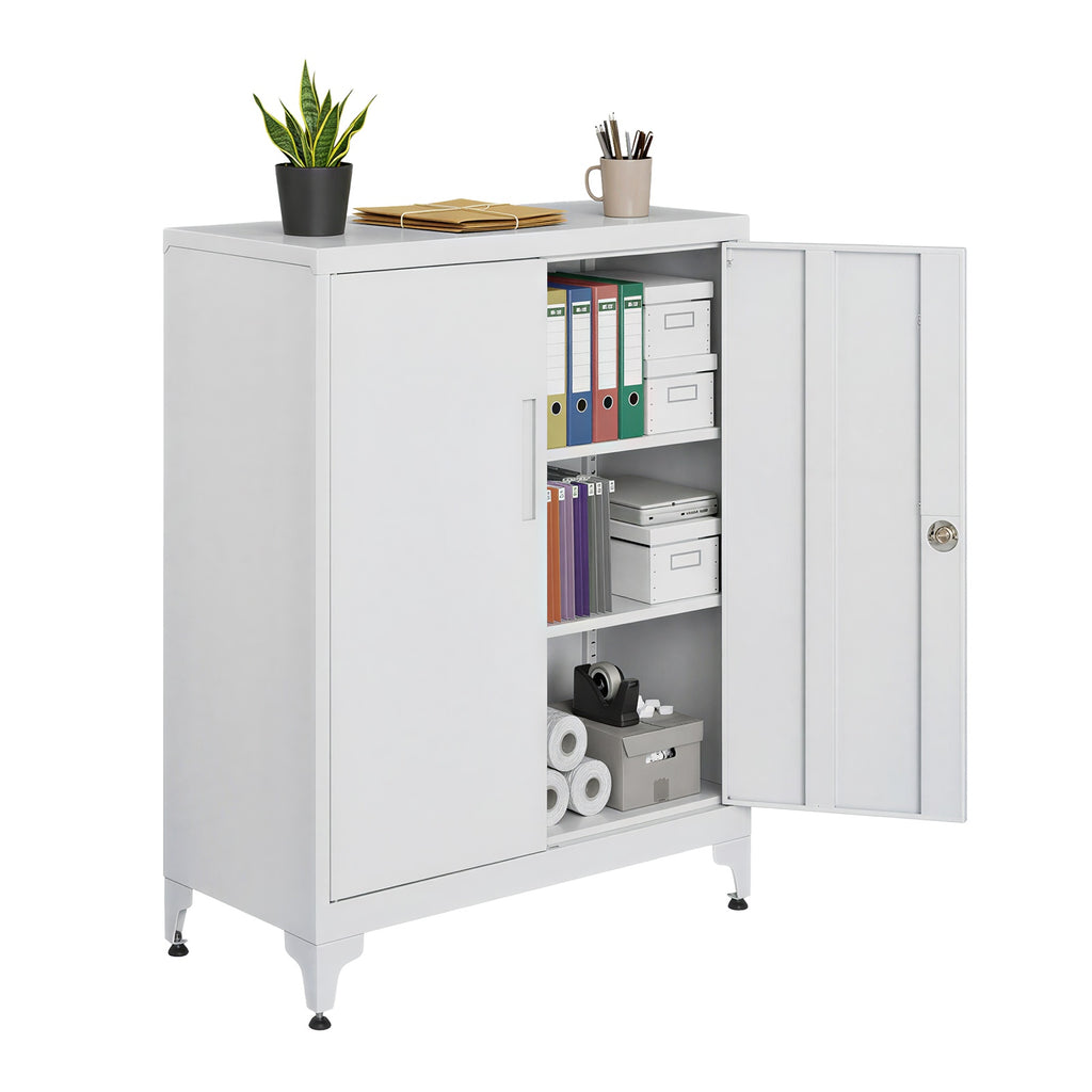 JOYFURNOS Armoire de rangement en acier blanc mat verrouillable, 80 x 40 x 90 cm, 2 portes, ?tagères profondes, Usage polyvalent - Idéale pour garage, bureau, étude ou salon