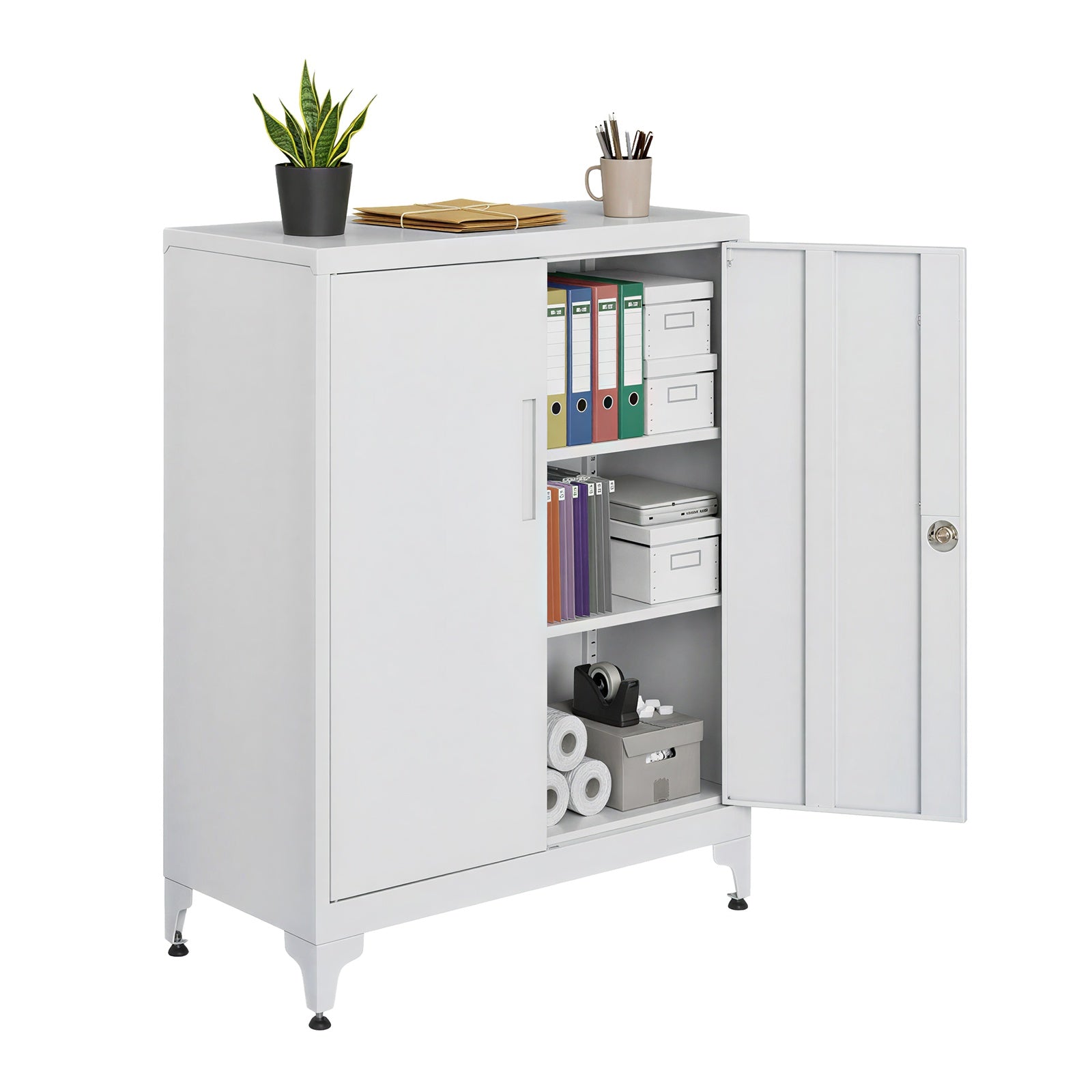 JOYFURNOS Armoire de rangement en acier blanc mat verrouillable, 80 x 40 x 90 cm, 2 portes, ?tagères profondes, Usage polyvalent - Idéale pour garage, bureau, étude ou salon