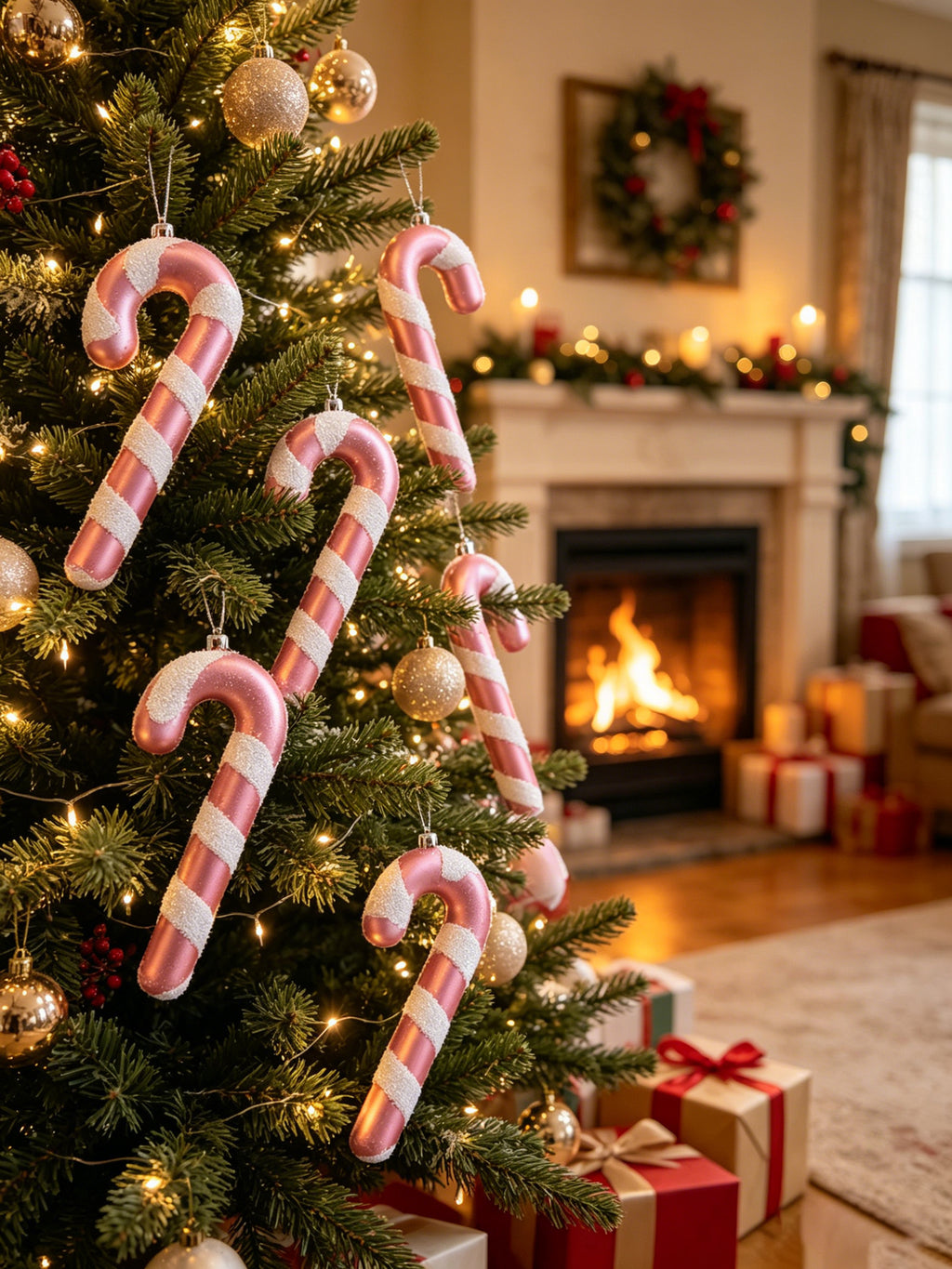 Ju7cer Lot de 6 pendentifs de sapin de Noël en rotin, pour décorer les sapins de Noël, convient pour les mariages, Pâques, anniversaires, vacances, Noël, décoration intérieure, rose poudré + blanc