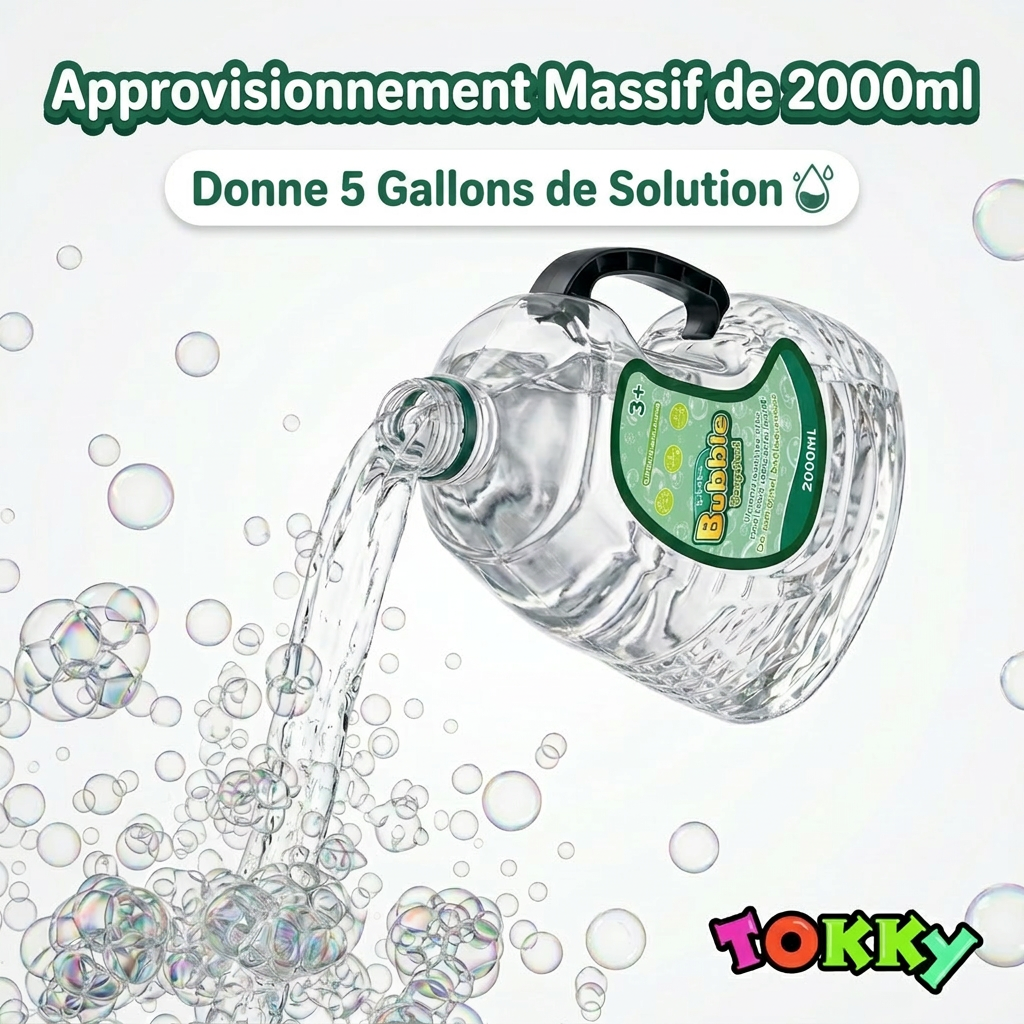 Recharge de solution à bulles concentrée Tokky 2000 ml - Fait 19 litres, sûre et non toxique, pour machines à bulles, pistolets à bulles, baguettes à bulles