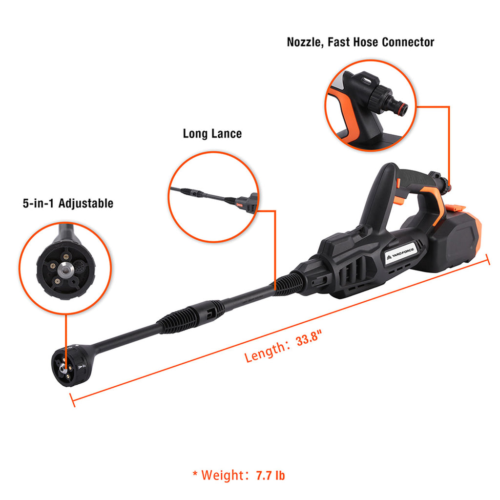 Yard Force Nettoyeur Haute Pression Sans Fil 20V, 665 PSI Nettoyeur Portable avec Buse 5-en-1 et Réservoir à Mousse, Système Auto-Amorçant pour Voiture, Terrasse, Jardin et Maison