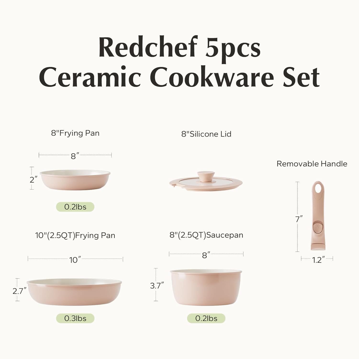 Redchef Set de 5 pièces de cookware en revêtement céramique, avec casseroles de 20 cm, couvercle, poêles de 20 cm/26 cm & poignée amovible, sans PTFE/PFOA/PFAS, compatible lave-vaisselle, extérieur rose & intérieur blanc