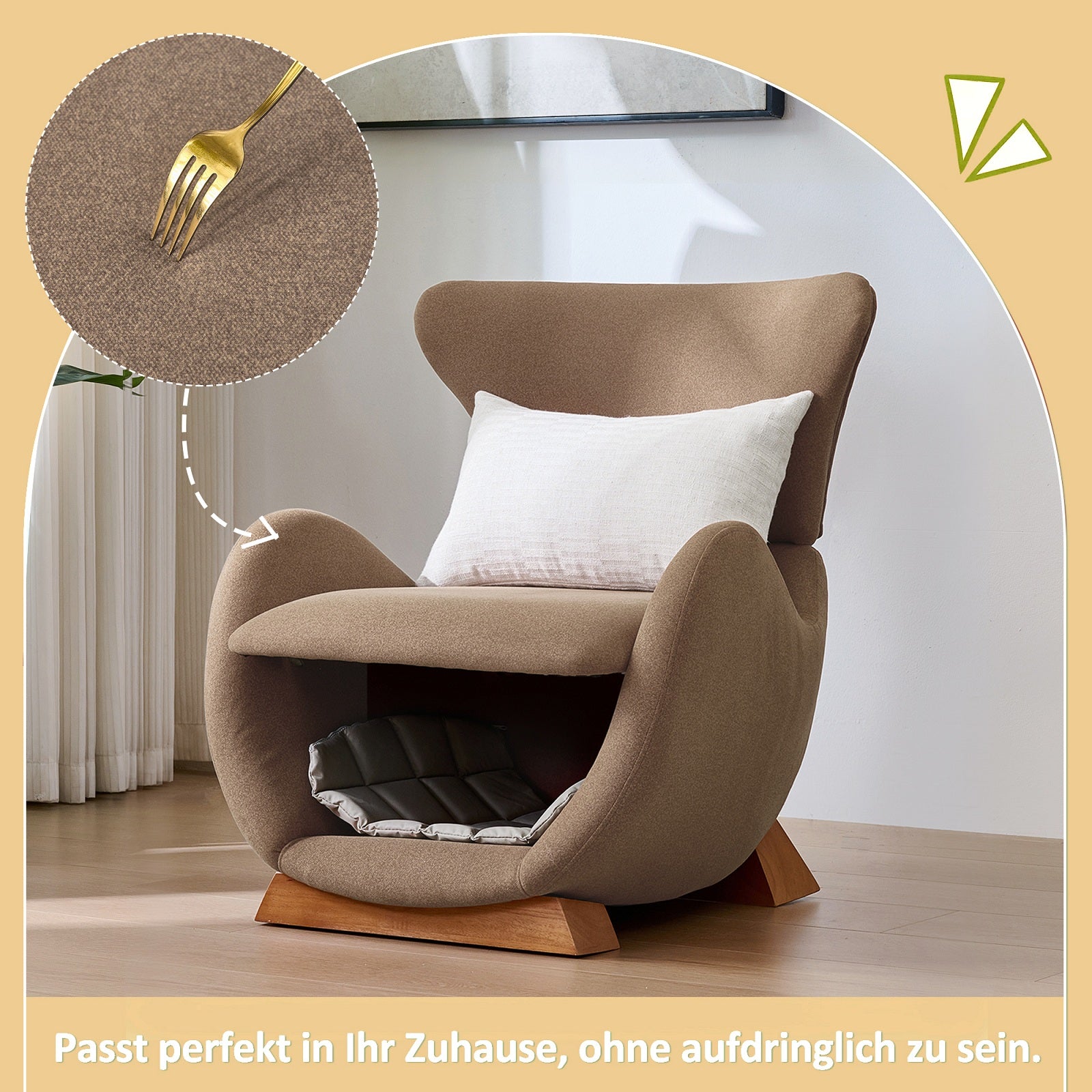 Chaise de détente design URBAN MEUBLE — Design « Requin baleine », tissu de couleur café, 66 x 69 x 76 cm