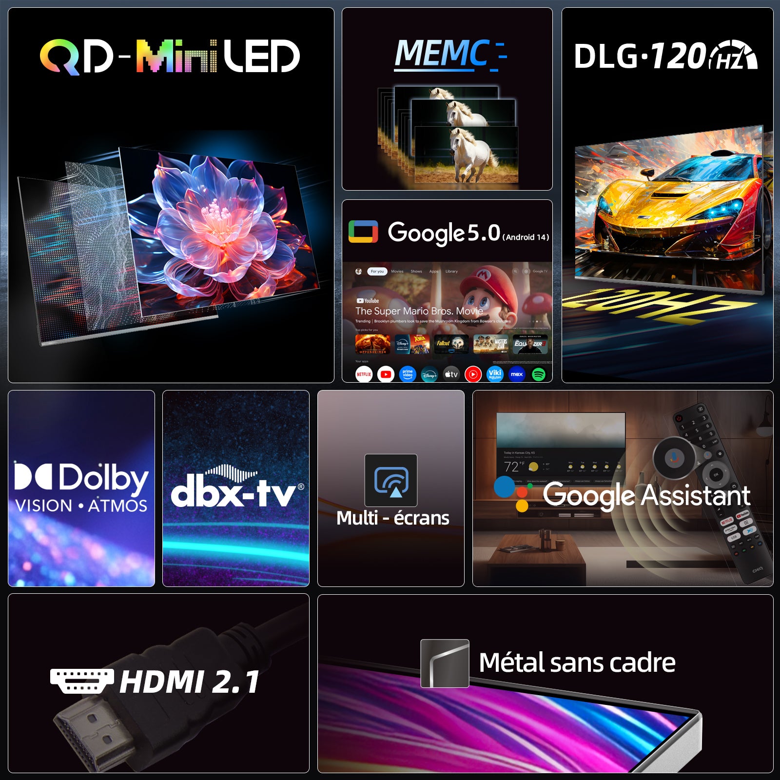 CHiQ M65QN9E TV 4K UHD Mini LED QLED 65" | Dolby Atmos/Vision | DLG 120Hz + MEMC | Google TV (Android 14) | Google Assistant | Cadre en métal & Design fin
