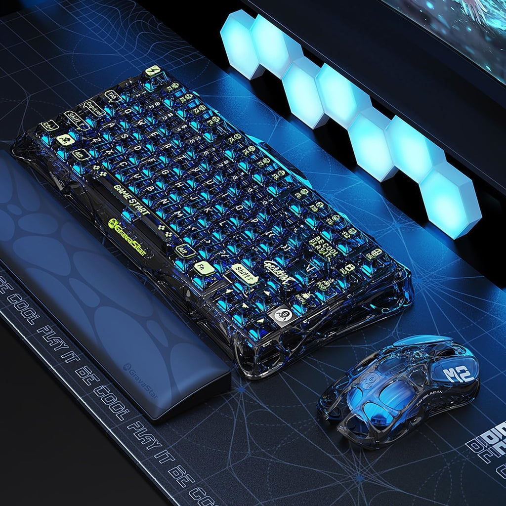 GravaStar Mercury M2 Transparent - Souris de jeu sans fil, 26 000 DPI, 79 g ultra-légère, PAW3395, 5 modes RGB, 5 boutons, Tri-mode (2,4 GHz/Bluetooth/Câble) pour PC & Mac - Noir transparent