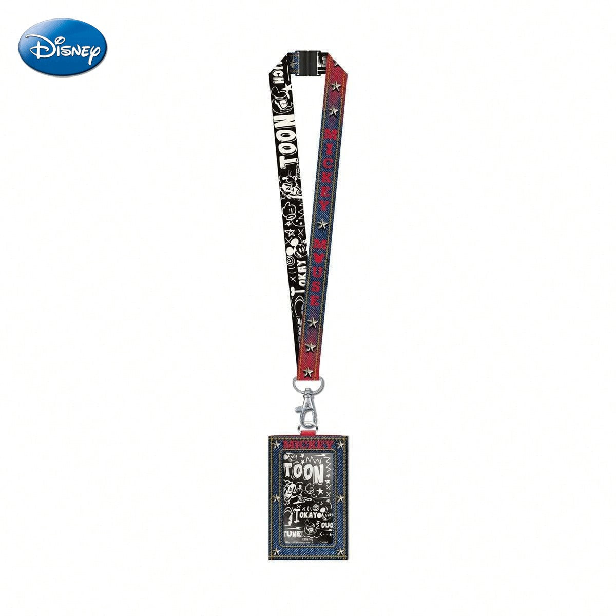 DISNEY 1 pièce Porte-cartes tour de cou Mickey Mouse, sous licence officielle, Denim rouge à pois, Thème dessin animé, Produit dérivé films et dessin animé