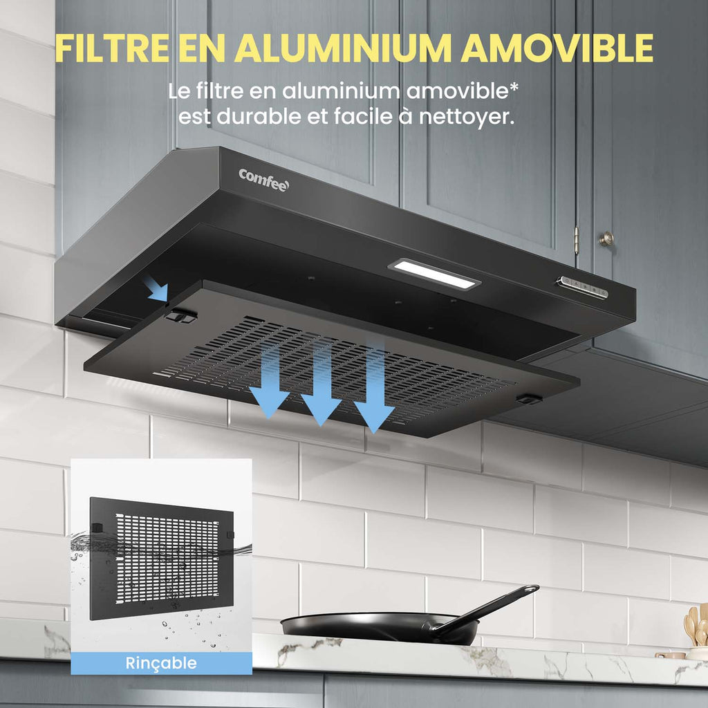 Comfee' Hotte aspirante LED KWH-SLIF17B-60, hotte aspirante sous meuble, hotte aspirante murale, hotte aspirante de cuisine, hotte aspirante à évacuation supérieure, 600 mm, acier inoxydable, 60 cm