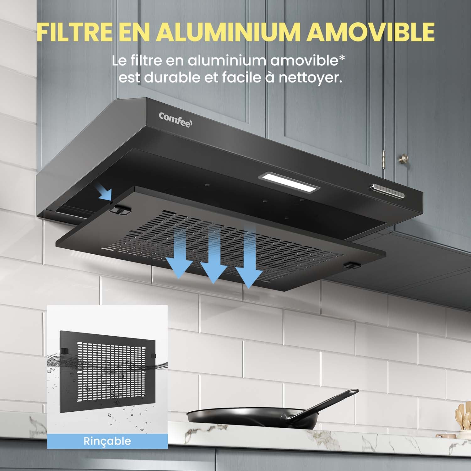Comfee' Hotte aspirante LED KWH-SLIF17B-60, hotte aspirante sous meuble, hotte aspirante murale, hotte aspirante de cuisine, hotte aspirante à évacuation supérieure, 600 mm, acier inoxydable, 60 cm