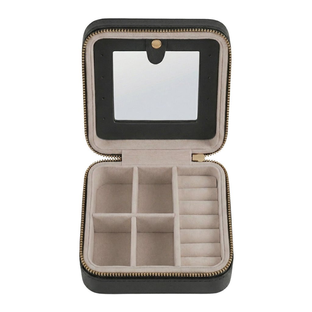 JOYFURNOS Boîte à Bijoux 11,4 x 11,4 x 5,5 cm avec Miroir Intérieur, en Cuir PU, Rangement à Bijoux pour Femme, Organiseur Compact et Portable, Idée Cadeau, Noir Encre