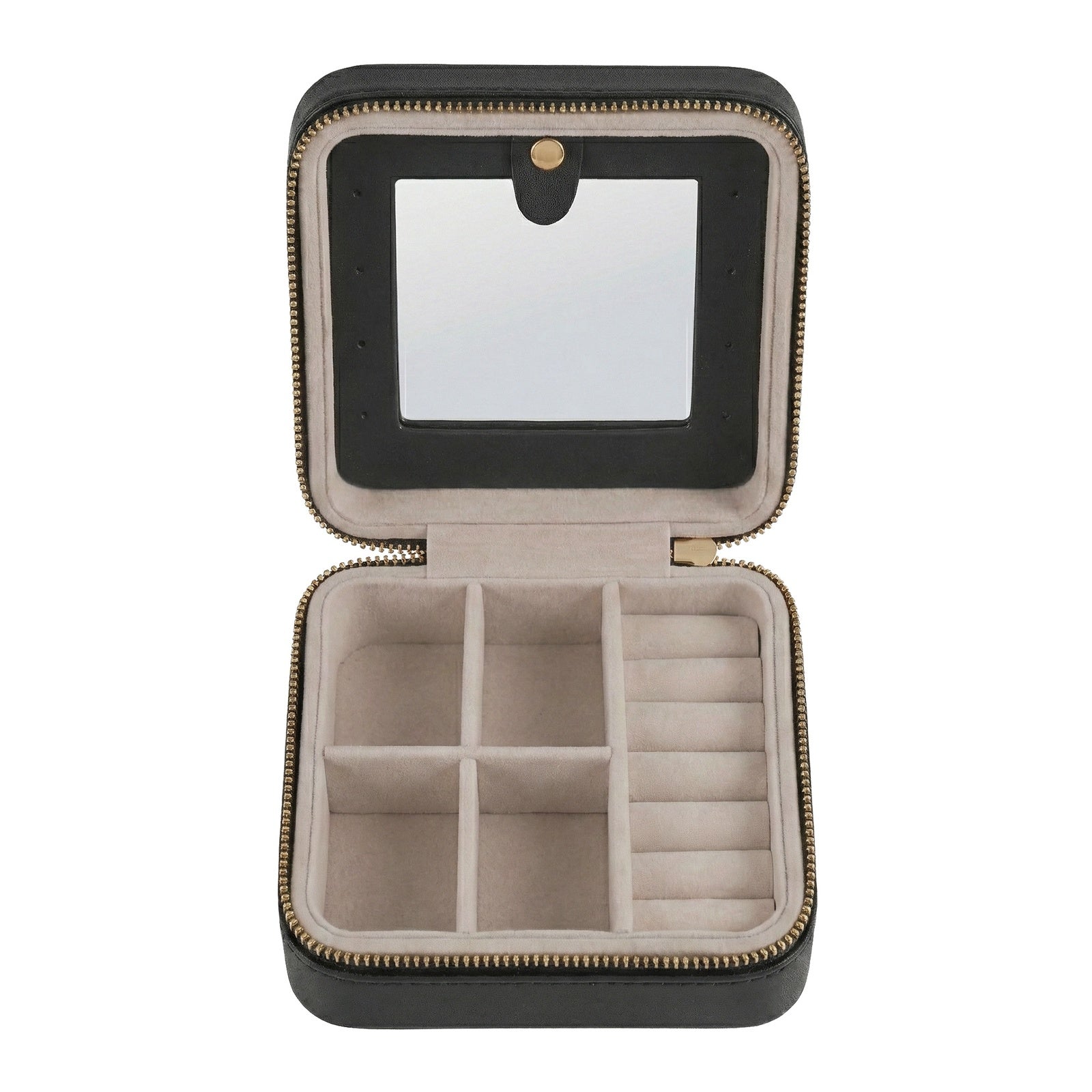 JOYFURNOS Boîte à Bijoux 11,4 x 11,4 x 5,5 cm avec Miroir Intérieur, en Cuir PU, Rangement à Bijoux pour Femme, Organiseur Compact et Portable, Idée Cadeau, Noir Encre