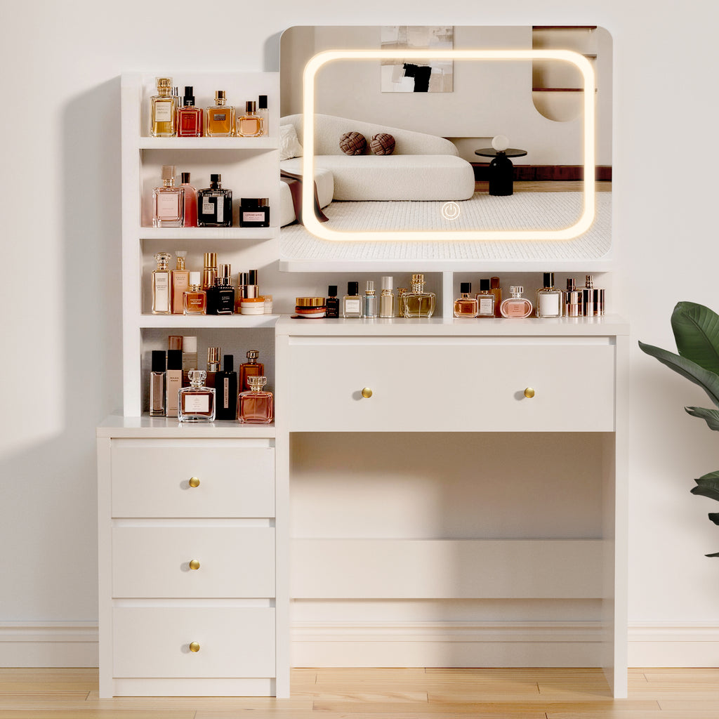 GTIMEX Table de maquillage, table de maquillage avec éclairage LED, grand miroir haute résolution, 7 compartiments de rangement ouverts, 1 grand tiroir, 3 tiroirs latéraux
