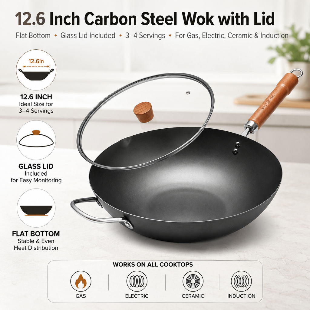 WANGYUANJI 12,6" Wok léger en acier au carbone, wok en fer chinois avec couvercle en verre - Fond plat texturé nid d'abeille pour antiadhésif physique, compatible avec tous les feux