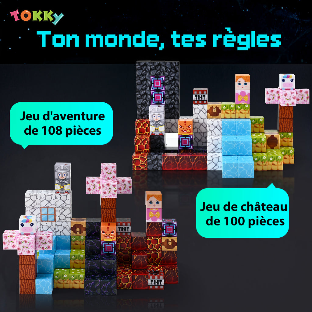 Tokky 100 pièces Blocs magnétiques Mine World Blocs de pixels Jouets d'éveil STEM Montessori Matériau ABS sûr magnétique puissant Blocs de construction d'aventure créatifs Emballage en
