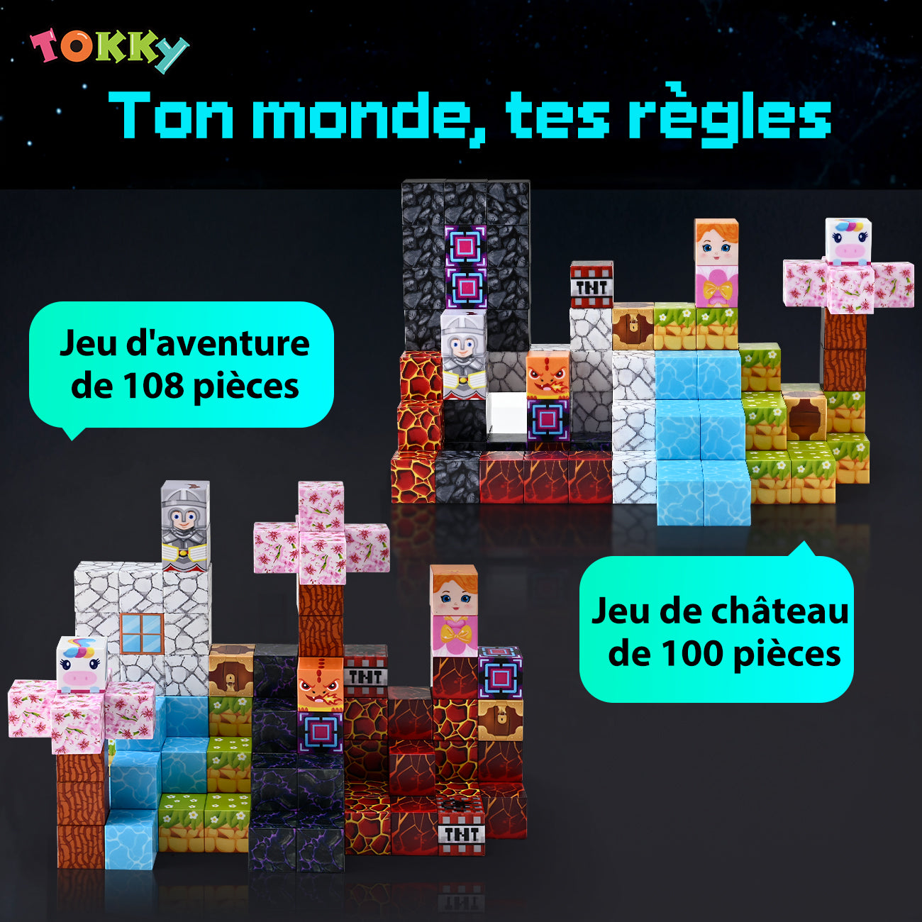 Tokky 100 pièces Blocs magnétiques Mine World Blocs de pixels Jouets d'éveil STEM Montessori Matériau ABS sûr magnétique puissant Blocs de construction d'aventure créatifs Emballage en