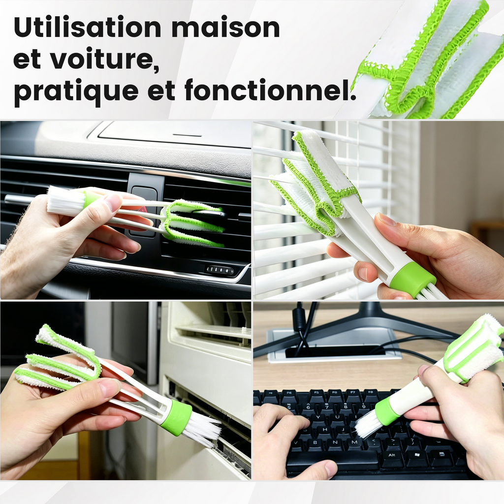 Brosse de nettoyage de grille d’aération verte, Brosse de climatisation auto avec microfibre, Détachable et lavable, Brosse multifonction pour intérieur de voiture, clavier et stores, 1 pièce
