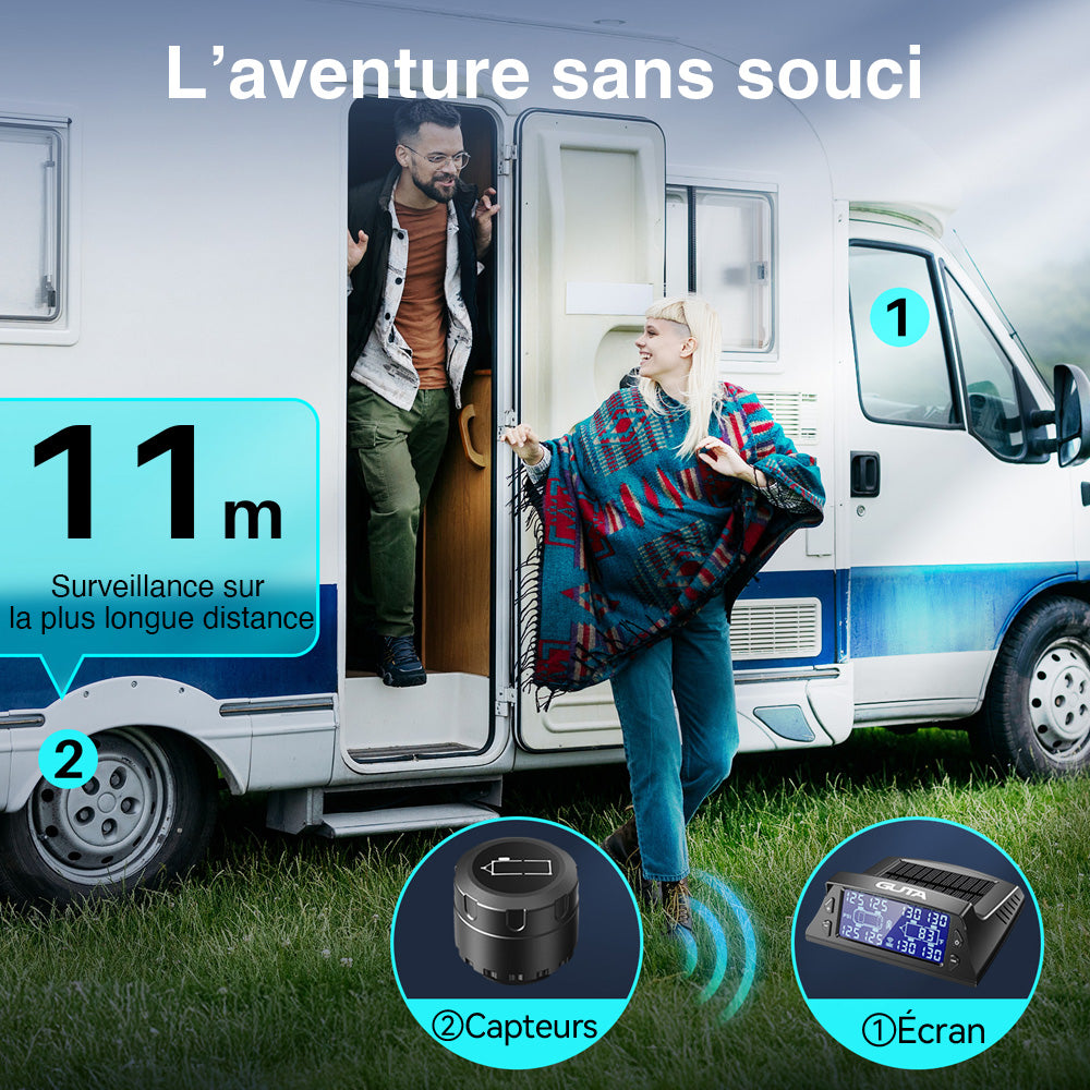 GUTA GT40+4GS02 Système de surveillance de la pression des pneus pour camping-cars/remorques avec 4 capteurs, TPMS de 0 à 188 PSI, chargement solaire, 6 modes d'alarme