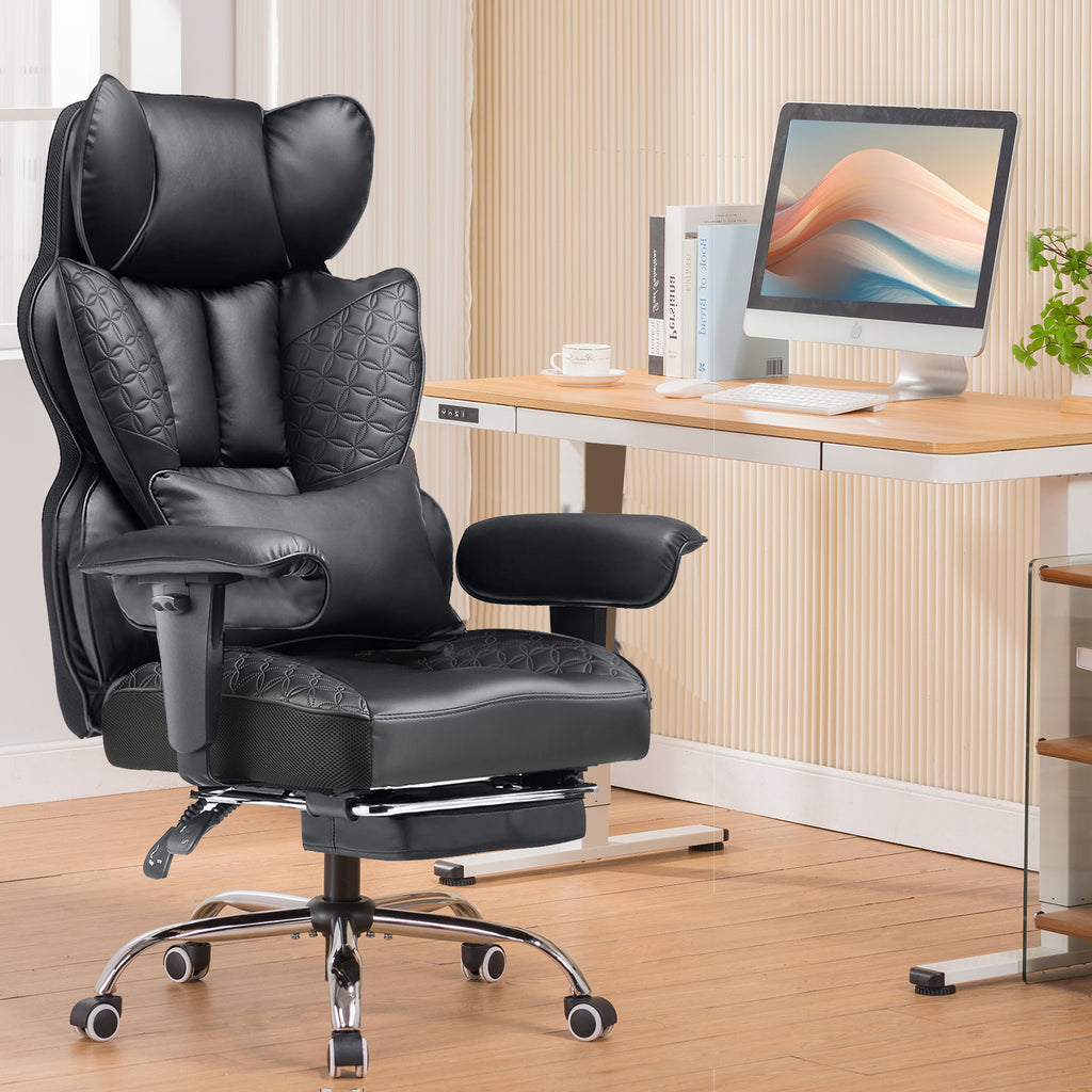 GTPlayer Chaise de bureau ergonomique pour grands gabarits, chaise de direction robuste avec repose-pieds, chaise pivotante inclinable à dossier haut en cuir PU, pour ordinateur et maison
