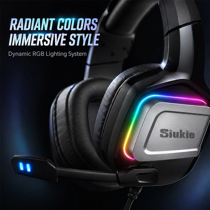 SIUKIE L200 Casque de jeu filaire, connecteurs USB + 3,5 mm, RGB, diamètre du transducteur 50 mm