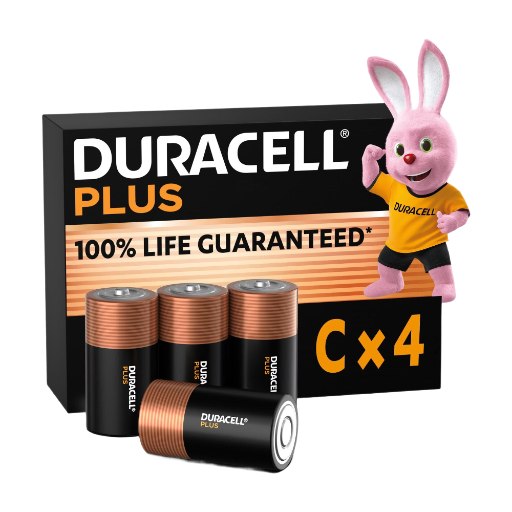 DURACELL Plus Lot de 4 piles C alcalines 1,5 V, durée de vie garantie à 100%, idéales pour les appareils du quotidien, emballage 0% plastique, conservation 10 ans - MN1400