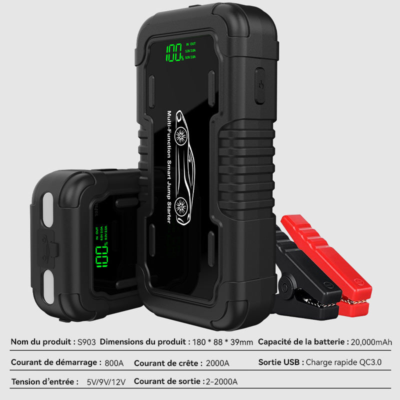 Démarreur de Voiture Porbi S903 2000A Peak Bloc d'Alimentation de Démarreur Portable, Booster de Batterie 20000mAh pour Véhicules Essence et Diesel 12V, SUV, Fourgonnette et Moto