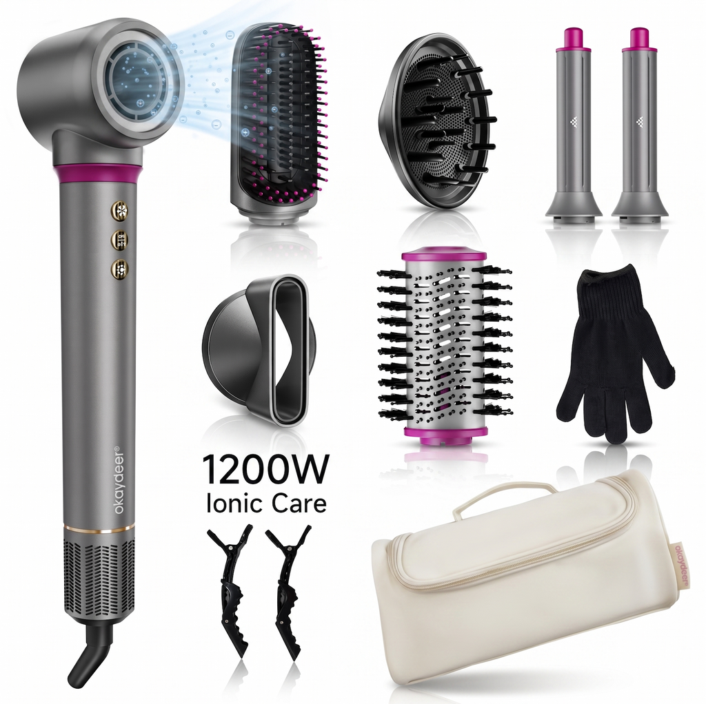 Okaydeer Air Styler avec Effet Coanda, Sèche-Cheveux Haute Vitesse 7 en 1 & Boucleur Automatique, Brosse à Air Chaud Ionique pour Séchage Rapide et Coiffage