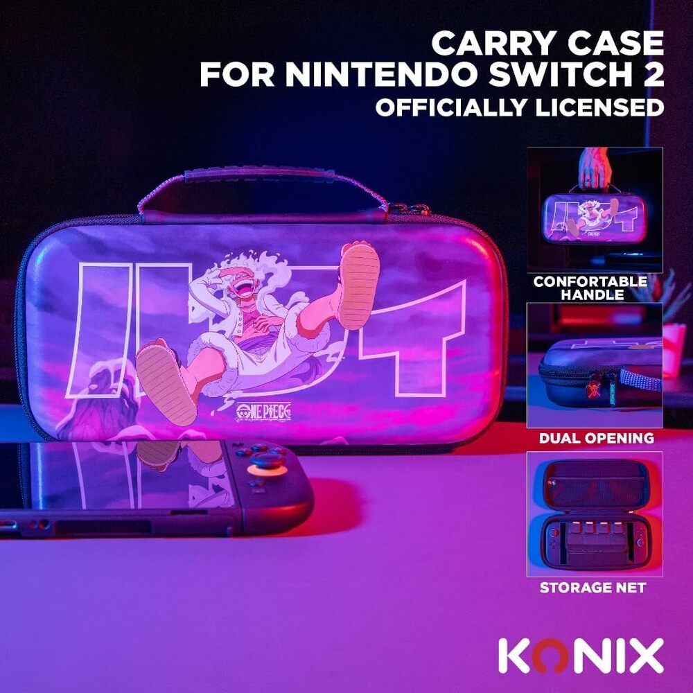 Konix One Piece Housse de protection et transport Nintendo Switch 2 - Rangement accessoires - 8 compartiments jeux - Motif Luffy Gear 5 - Violet