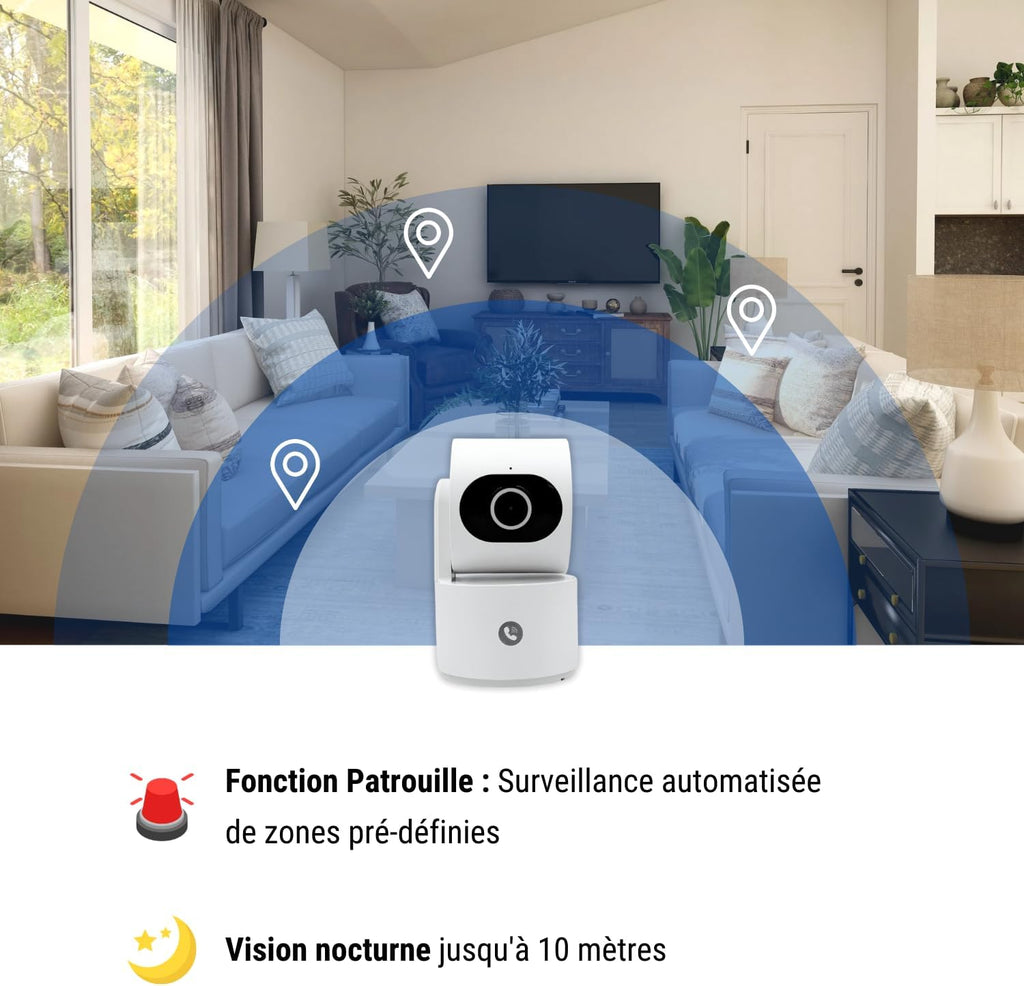 Konyks Camini Care 2 Caméra de Surveillance intérieure WiFi PTZ, 3MP, Bouton d'appel vidéo et Sirène intégrée, Notifications Smartphone, Détection de Mouvement et Bruit