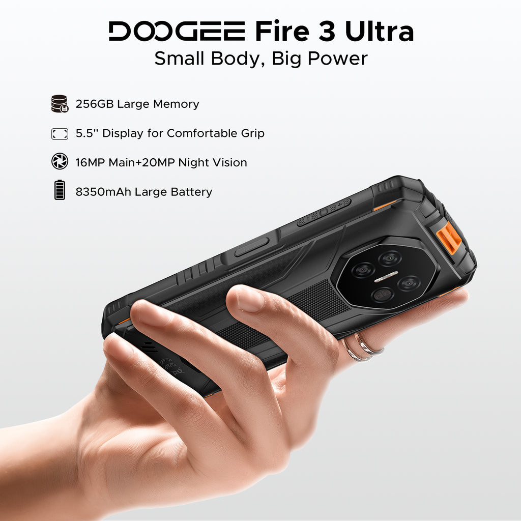 DOOGEE Fire 3 Ultra Smartphone Rugged avec Gemini AI, 8350 mAh, Android 15, 5,5" HD+, Octa-Core, 24 Go + 256 Go, Caméra Vision Nocturne 20 MP, Déverrouillage par Empreinte Digitale, NFC, IP68/IP69K