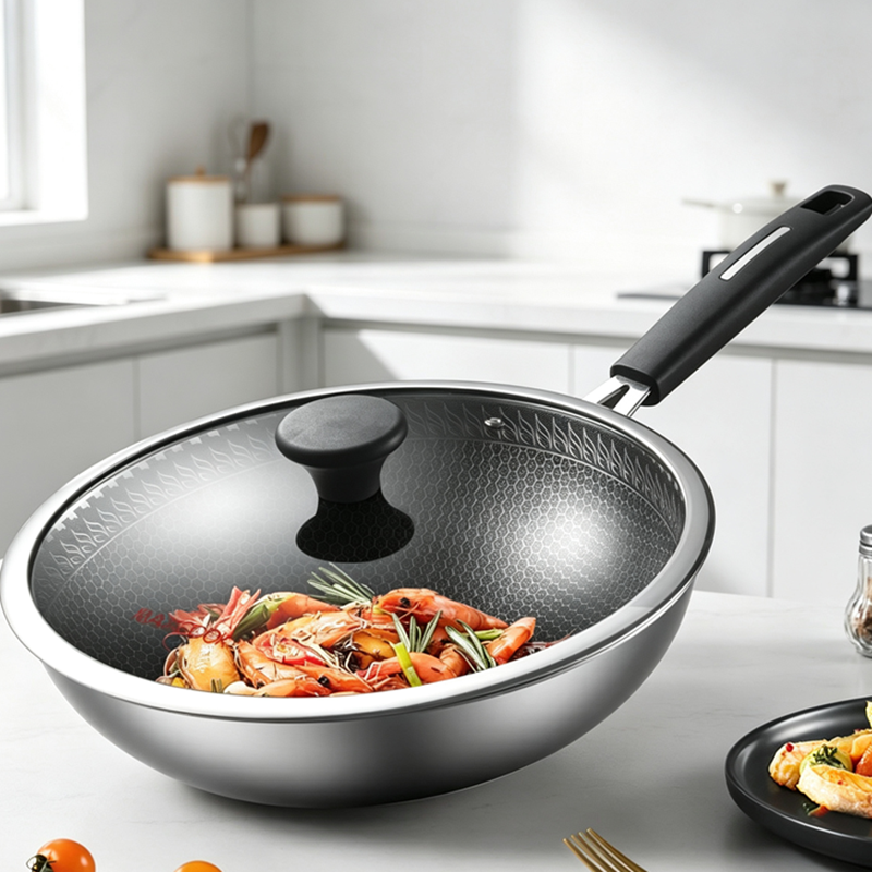 Maxcook Poêle wok 30 cm avec couvercle en verre trempé, intérieur en nid d'abeille antiadhésif en céramique, construction en acier inoxydable composite à 3 couches