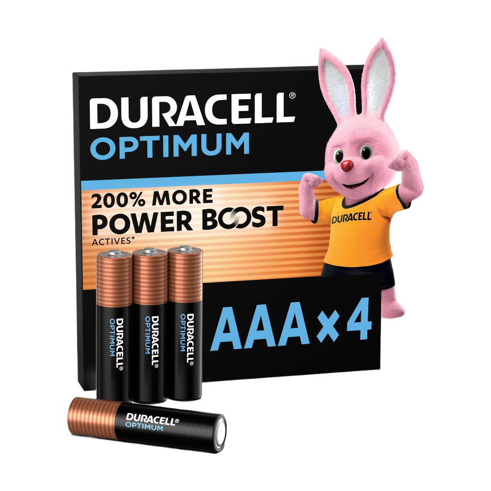 DURACELL Optimum Lot de 4 piles AAA alcalines 1,5 V, +200 % d’actifs Power Boost, répondent aux exigences des appareils modernes, 100 % recyclables, emballage 0 % de plastique – LR03 MX2400