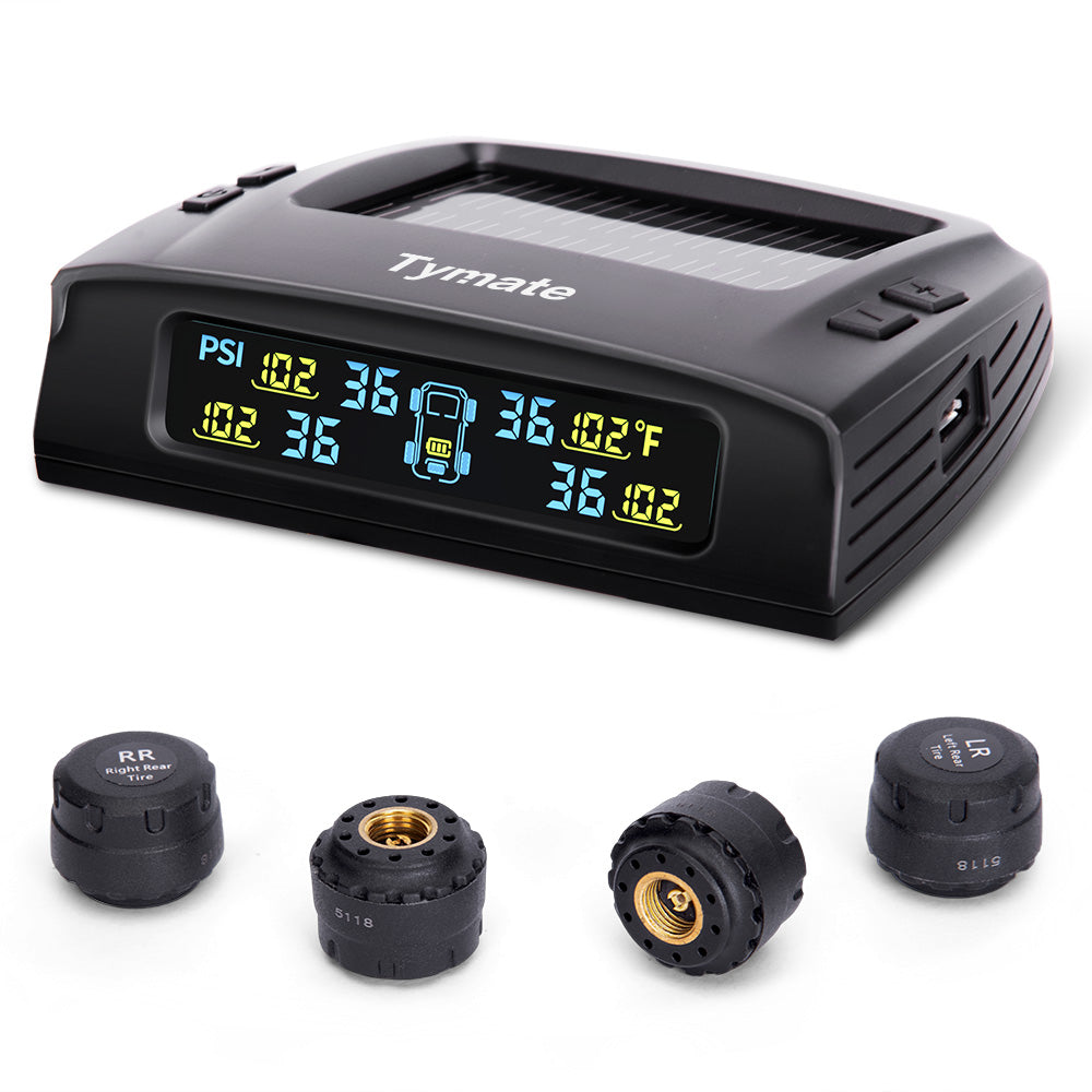 Tymate Système de surveillance de la pression des pneus pour camping-car, À énergie solaire avec 4 capteurs, 0 à 87 PSI, 6 modes d'alarme, Écran LCD couleur