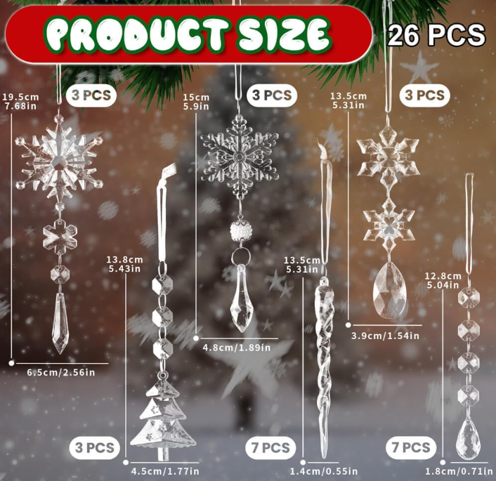 Ju7cer Lot de 26 décorations de sapin de Noël en cristal, pendentifs en forme de flocons de neige et de colonnes de glace en acrylique