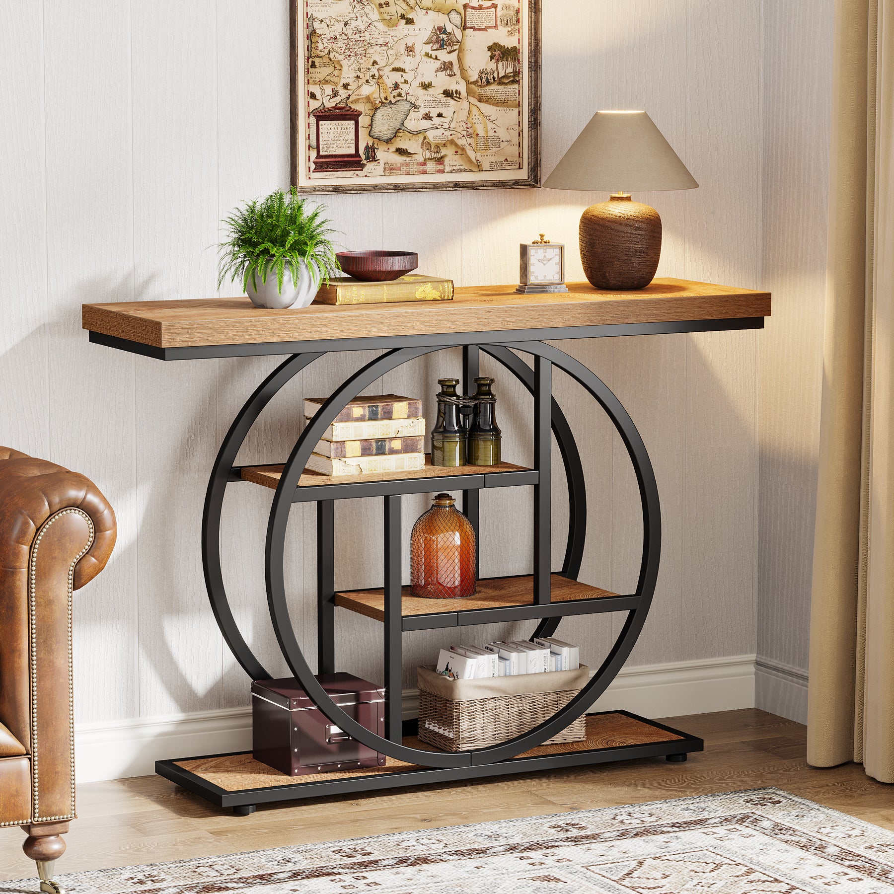 Tribesigns Table console 105 cm, Table derrière canapé industrielle à 4 niveaux pour entrée avec base circulaire, Table d'appoint étroite en bois avec étagères de rangement pour salon