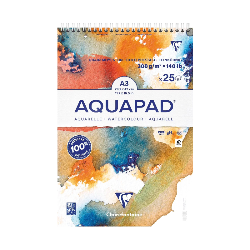 CLAIREFONTAINE Aquapad Bloc spiralé 25 feuilles A3+ 300 g