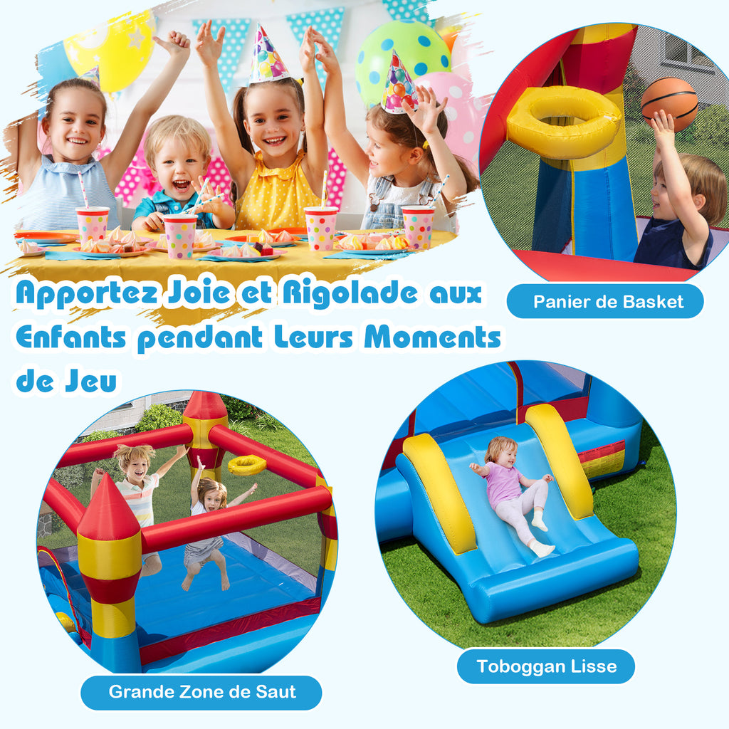 Costway Trampoline gonflable 3-en-1 pour enfants avec toboggan, grande surface de saut et panier de basket, souffleur non inclus