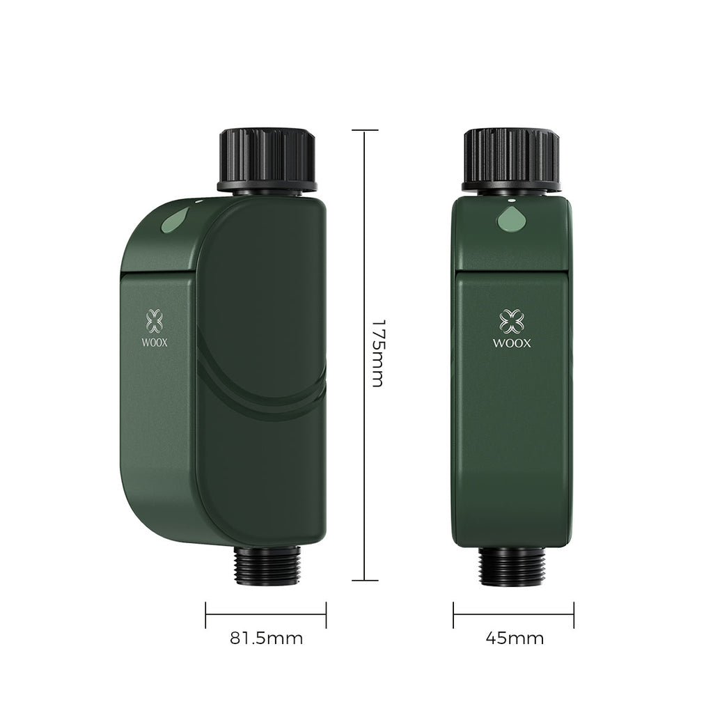 WOOX Minuteur d'arrosage intelligent R2603 Vert WiFi 6 2,4 GHz BLE 5,4 IP65 Contrôleur d'irrigation extérieur pour jardin Valves à solénoïde bistables Piles 4xAA Autonomie de 1,5 an 20 programmes Départ différé Anti-enfant Alexa Google 175x78x43,6 mm