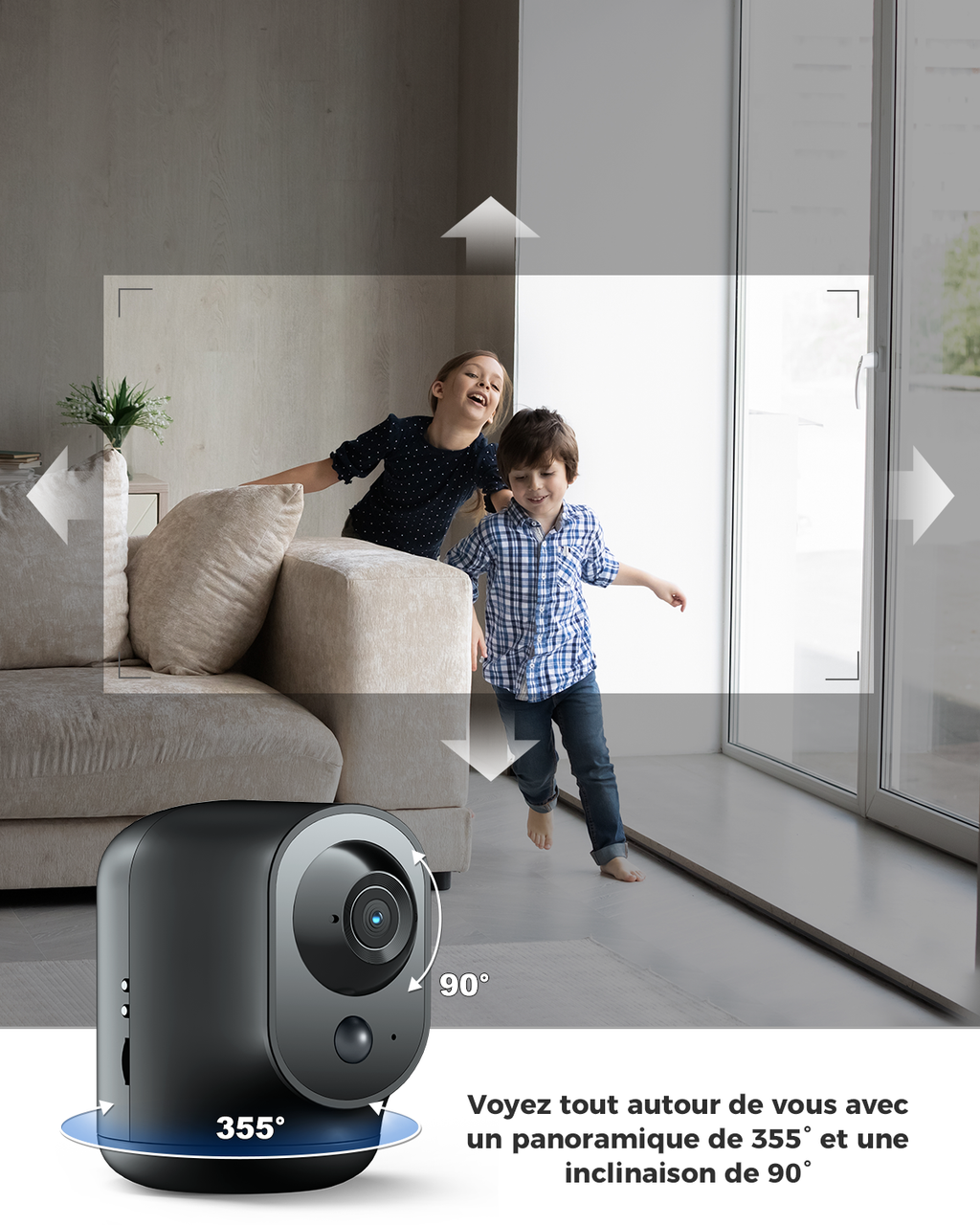 COCOCAM Caméra de sécurité intérieure 2K pivotante/inclinable, batterie 5200 mAh, WiFi sans fil, détection IA et PIR, 2,4 GHz, Noir