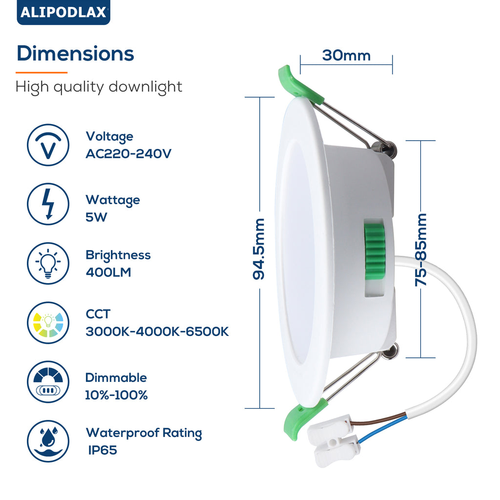 ALIPODLAX Spot LED encastrable, 5 W, IP65, 230 V, à intensité variable, 400 lm, ultra-plat 30 mm, 3000 K/4000 K/6500 K, pour salle de bain, lot de 6