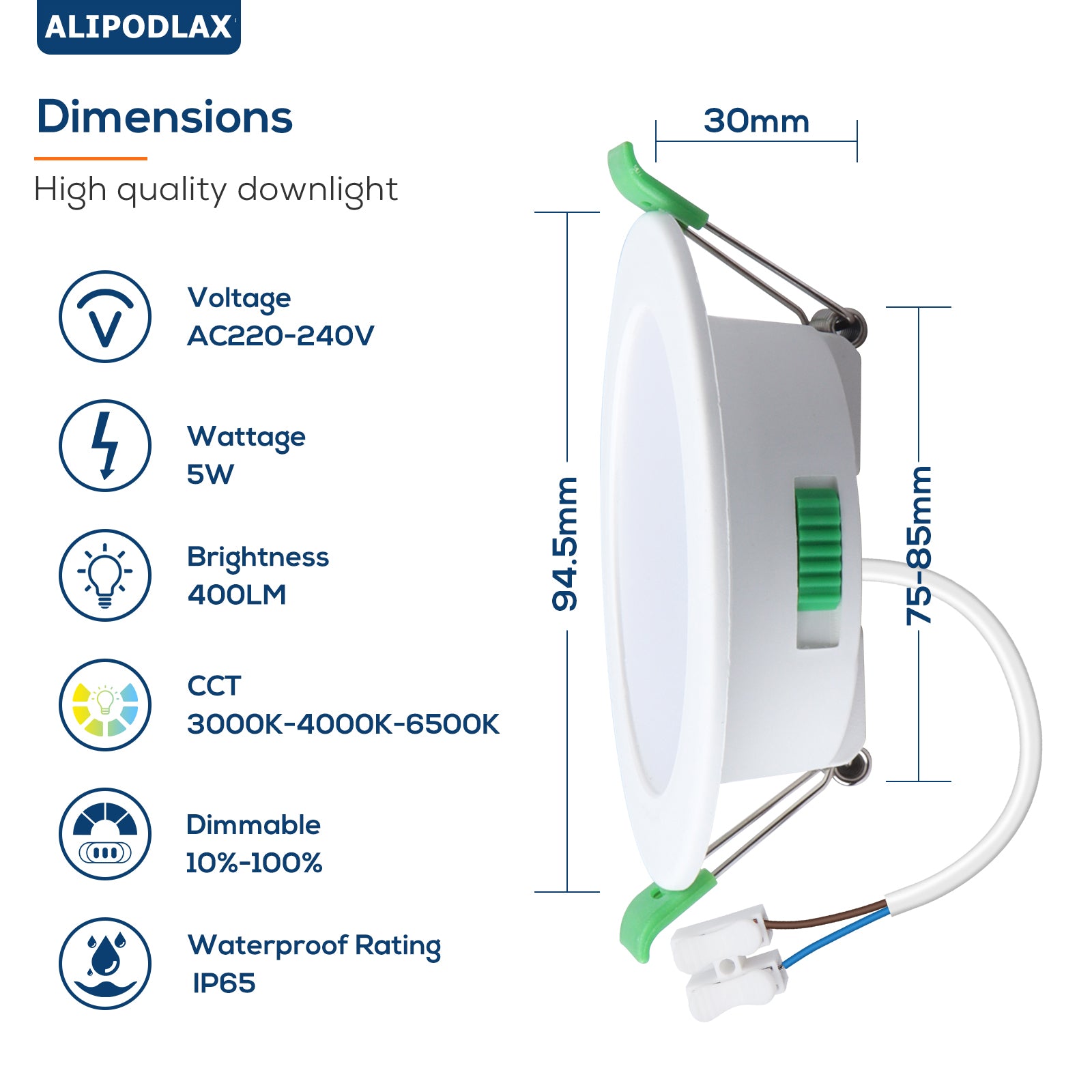 ALIPODLAX Spot LED encastrable, 5 W, IP65, 230 V, à intensité variable, 400 lm, ultra-plat 30 mm, 3000 K/4000 K/6500 K, pour salle de bain, lot de 6