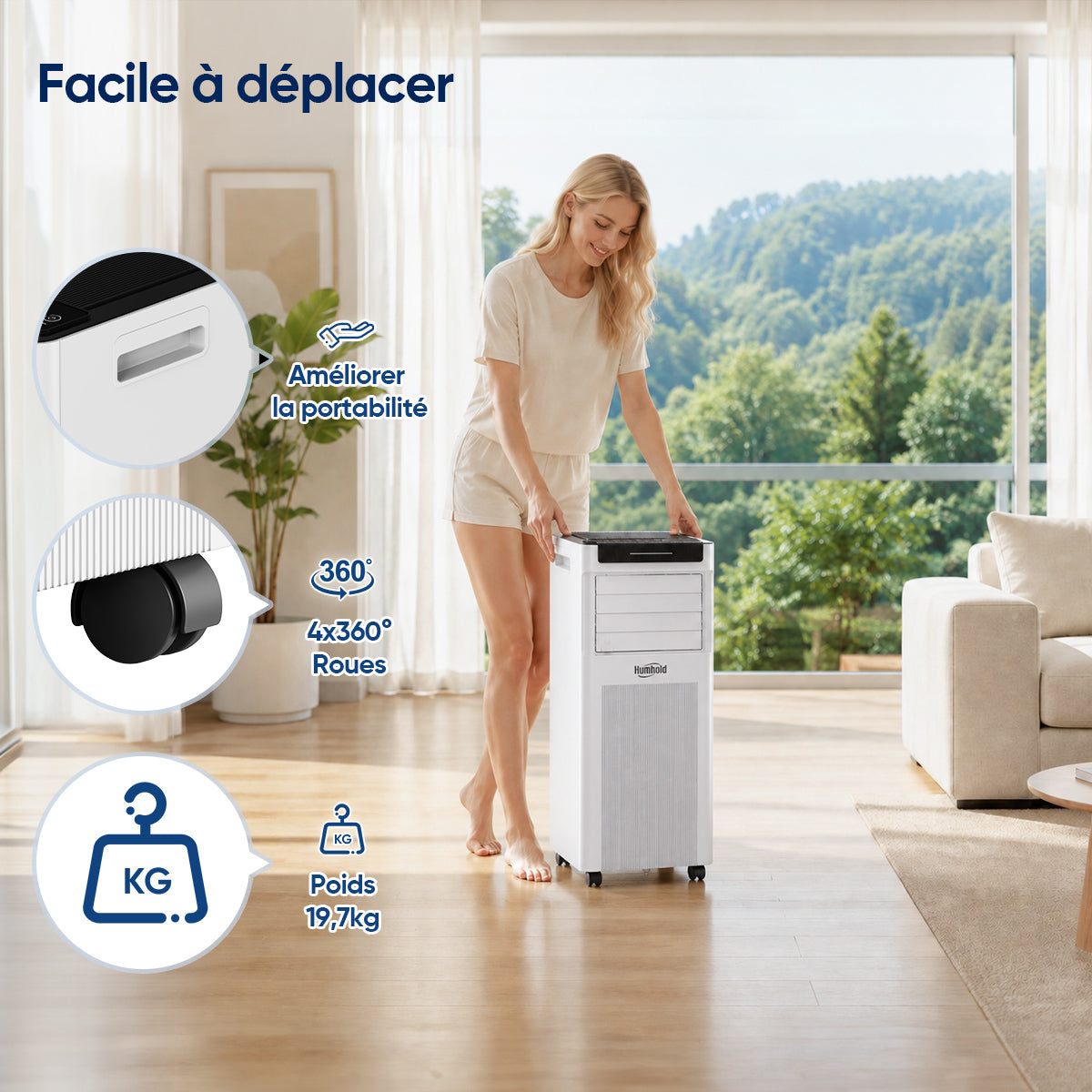Humhold 7000 BTU climatiseur portable, unité de climatisation 3 en 1 de 2,0 kW avec modes refroidissement, déshumidification et ventilation, mode veille silencieux, minuterie de 24 heures, réfrigérant R290, kit fenêtre inclus