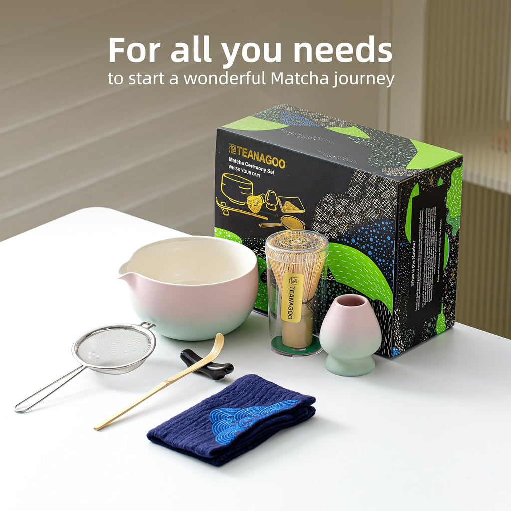 TEANAGOO Fouet à matcha, Kit matcha rose, Kit matcha dégradé rose, Ensemble fouet à matcha pour préparer le petit-déjeuner et des boissons lactées